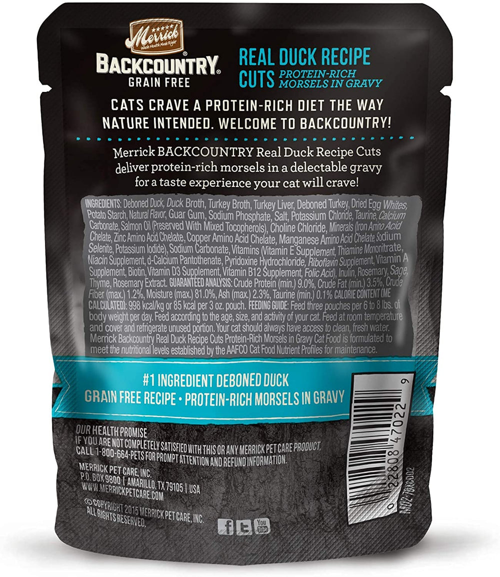 Merrick Backcountry trozos de pato en salsa visibles, textura apetecible para gatos