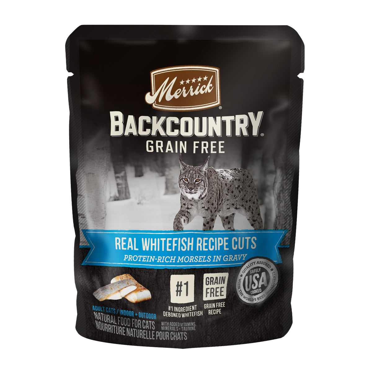 Merrick Backcountry Whitefish: bolsa para gatos con salsa, alta en proteína.