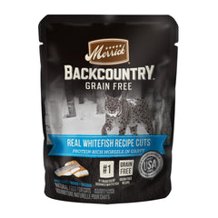 Merrick Backcountry Whitefish: bolsa para gatos con salsa, alta en proteína.