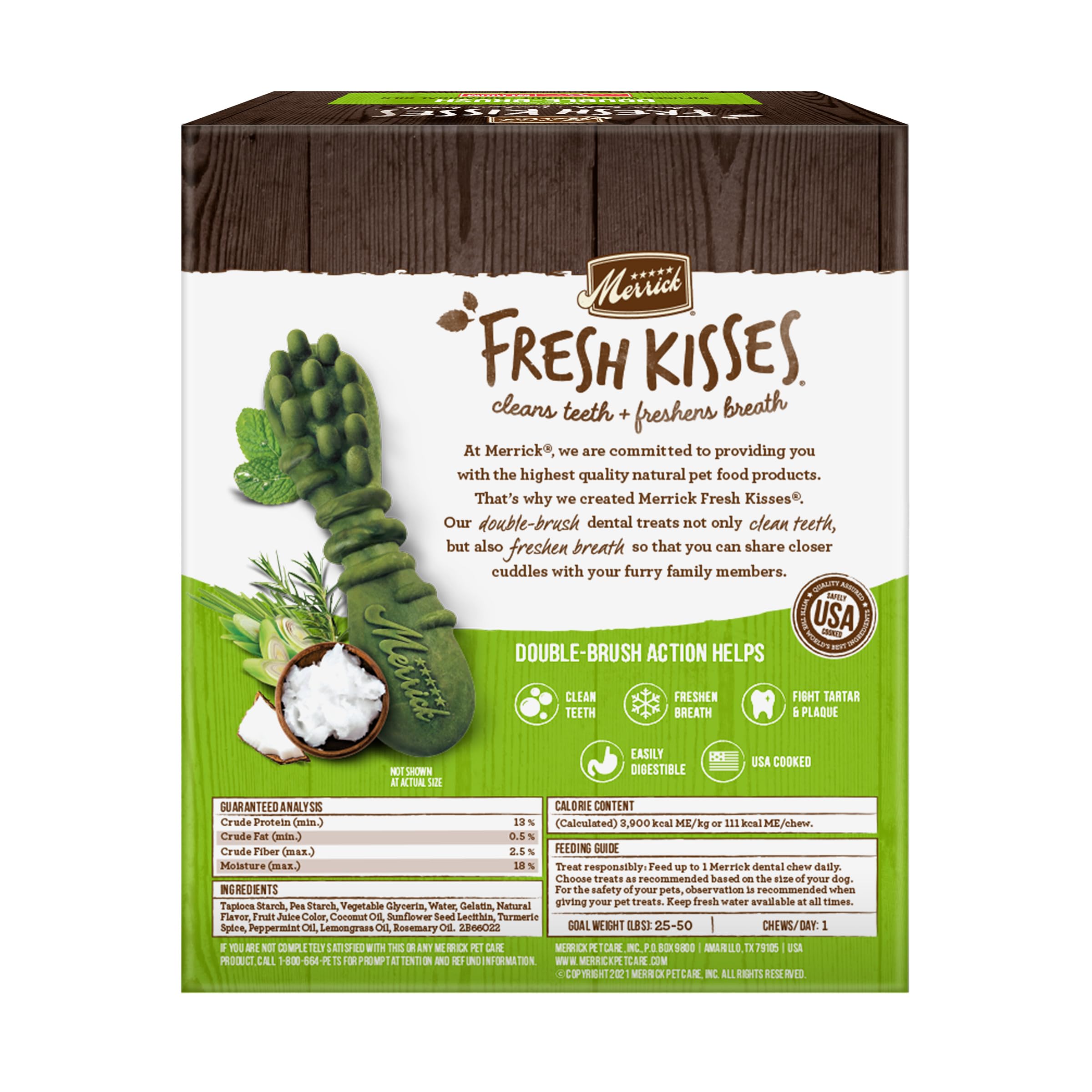 Merrick Fresh Kisses, 13 ingredientes simples, opción natural para masticación dental.