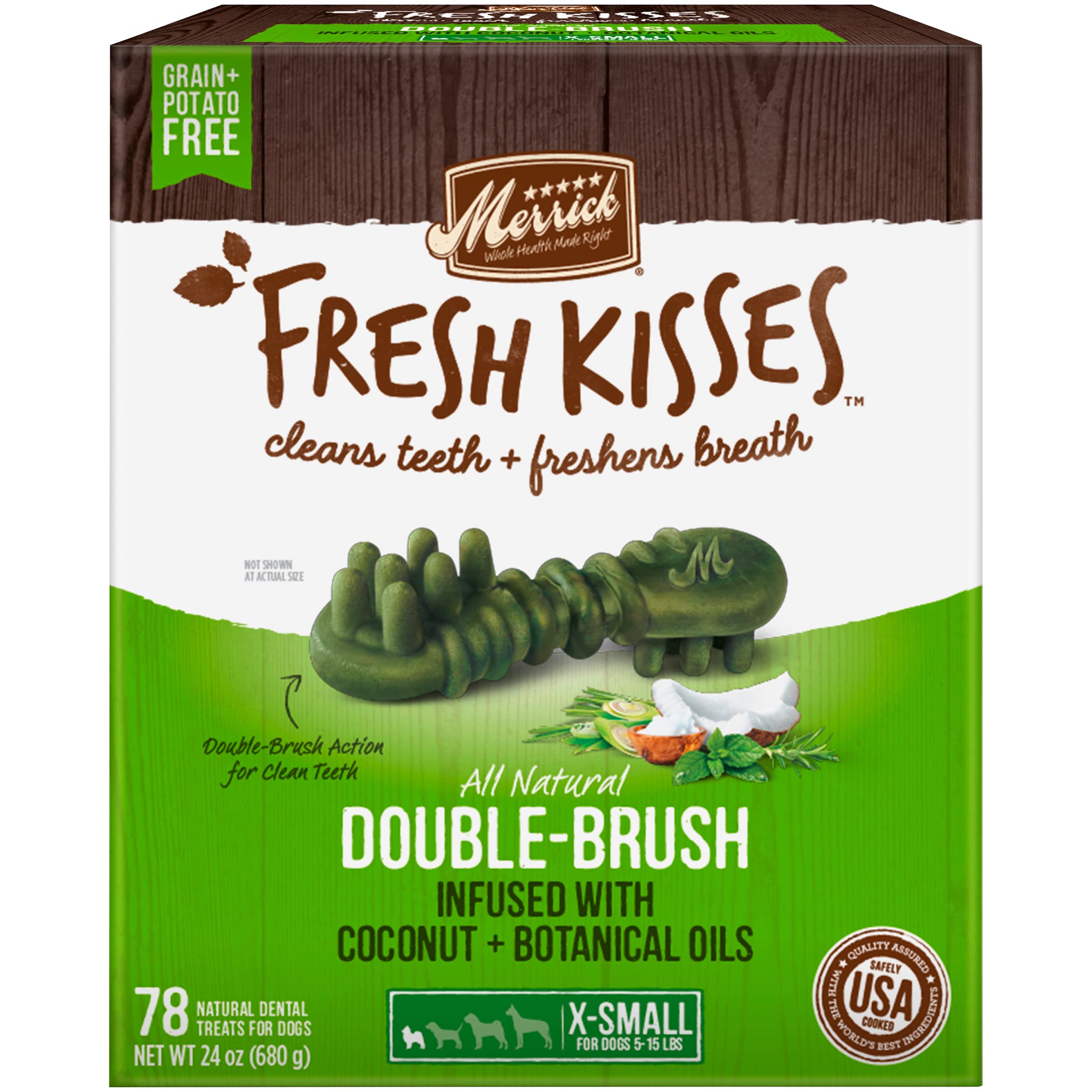 Merrick Fresh Kisses: aroma a coco y aceites botánicos para aliento fresco.