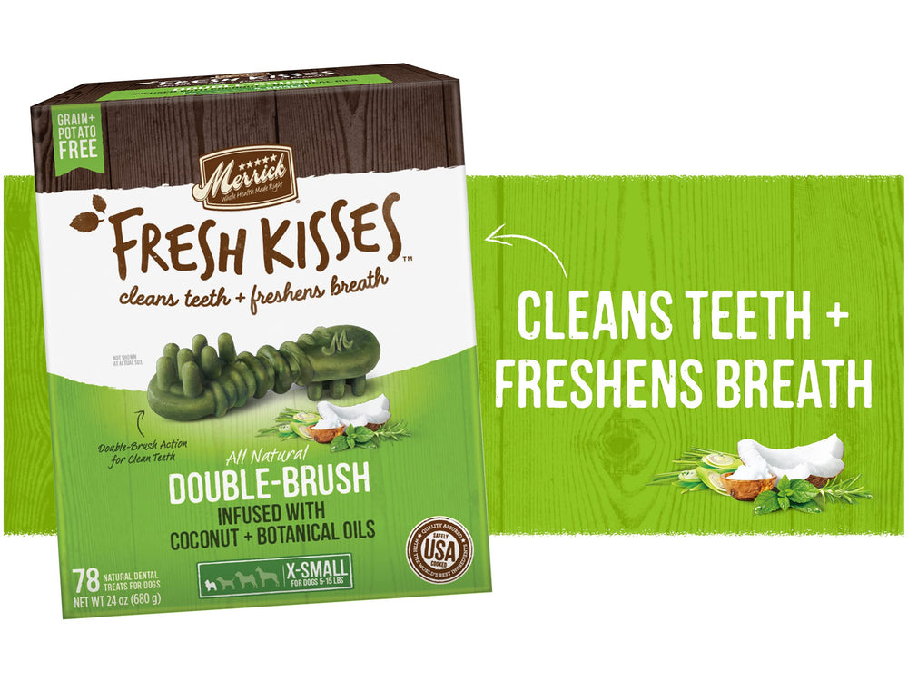 Merrick Fresh Kisses: masticación prolongada en perros toy mediante textura resistente.