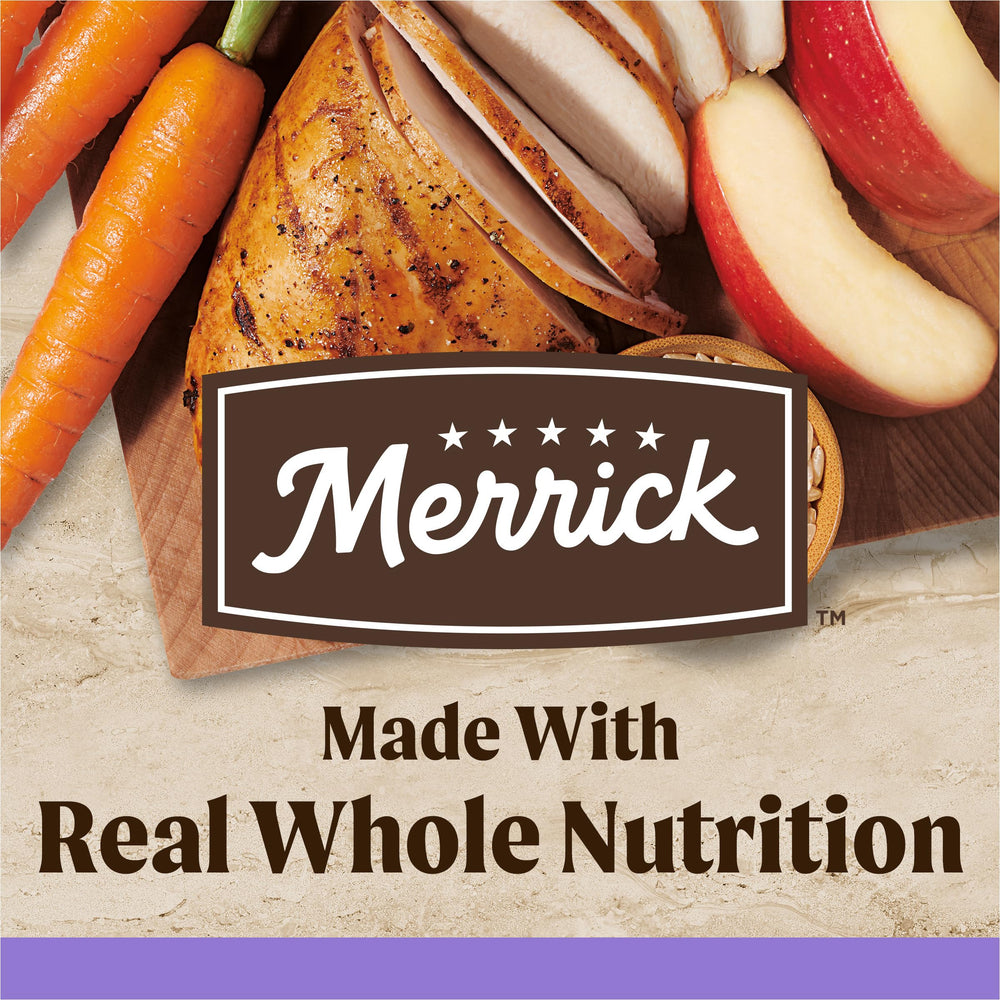 Merrick Healthy Grains para cachorros, croquetas visibles, textura atractiva al servir.
