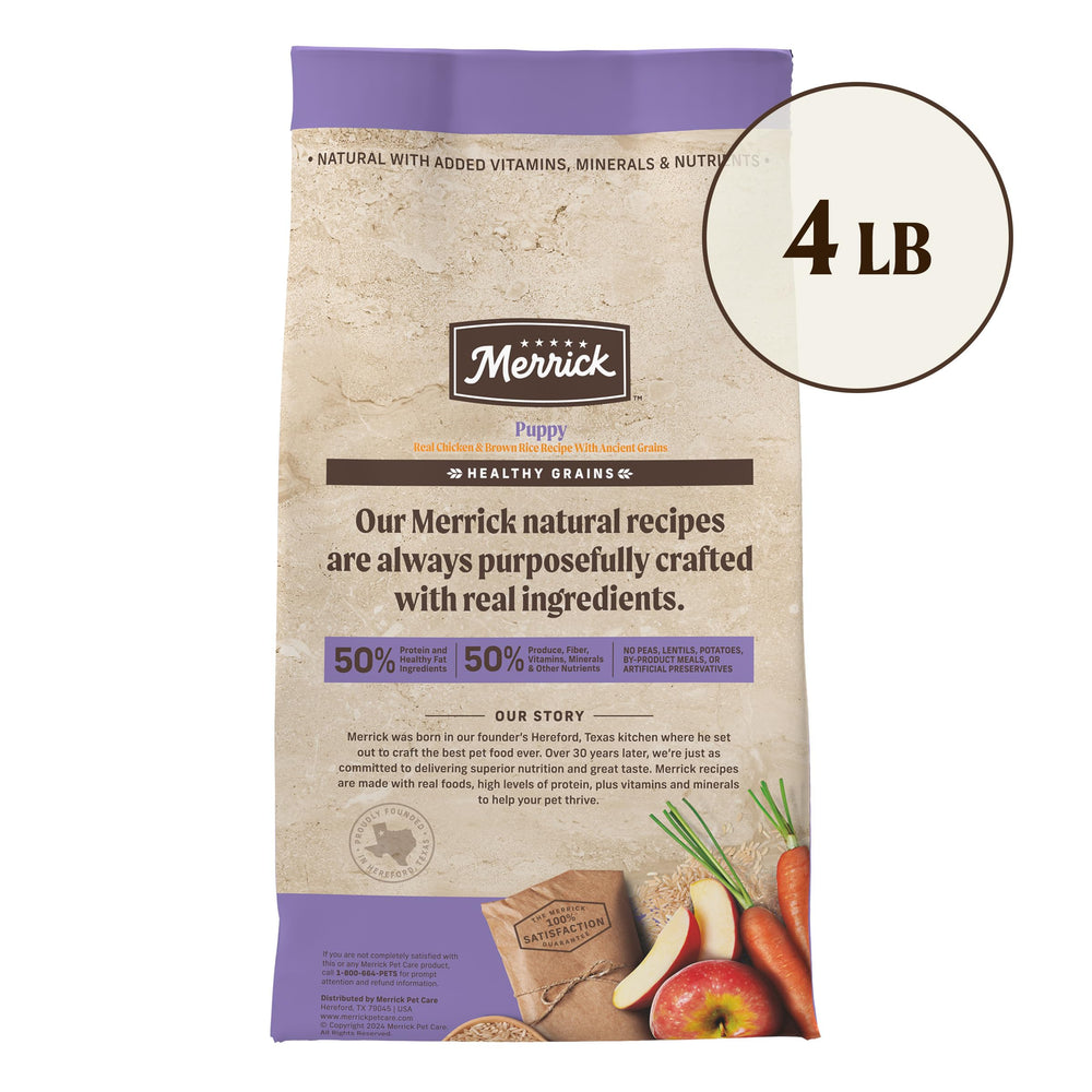 Merrick Healthy Grains para cachorros, DHA para desarrollo cerebral.