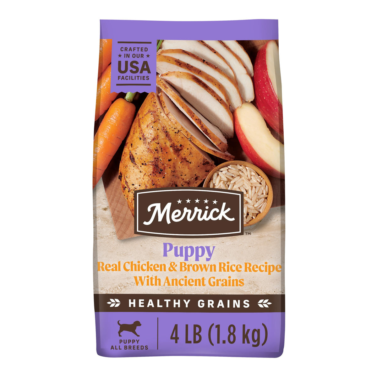 Merrick Healthy Grains para cachorros, frente de la bolsa, posible apoyo para crecimiento.