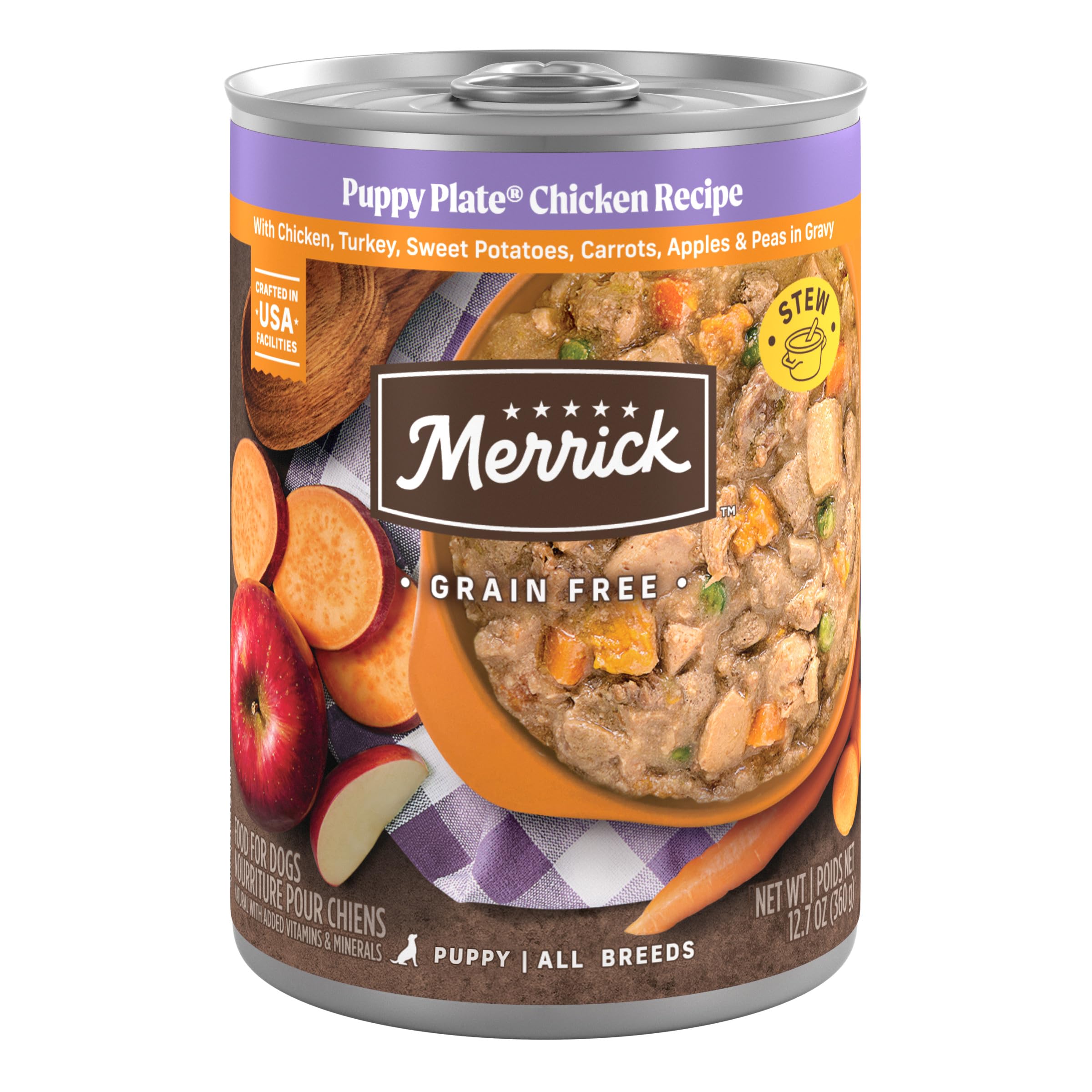 Merrick platillo cachorro pollo lata, comida húmeda nutritiva para cachorros.