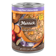 Merrick platillo cachorro pollo lata, comida húmeda nutritiva para cachorros.