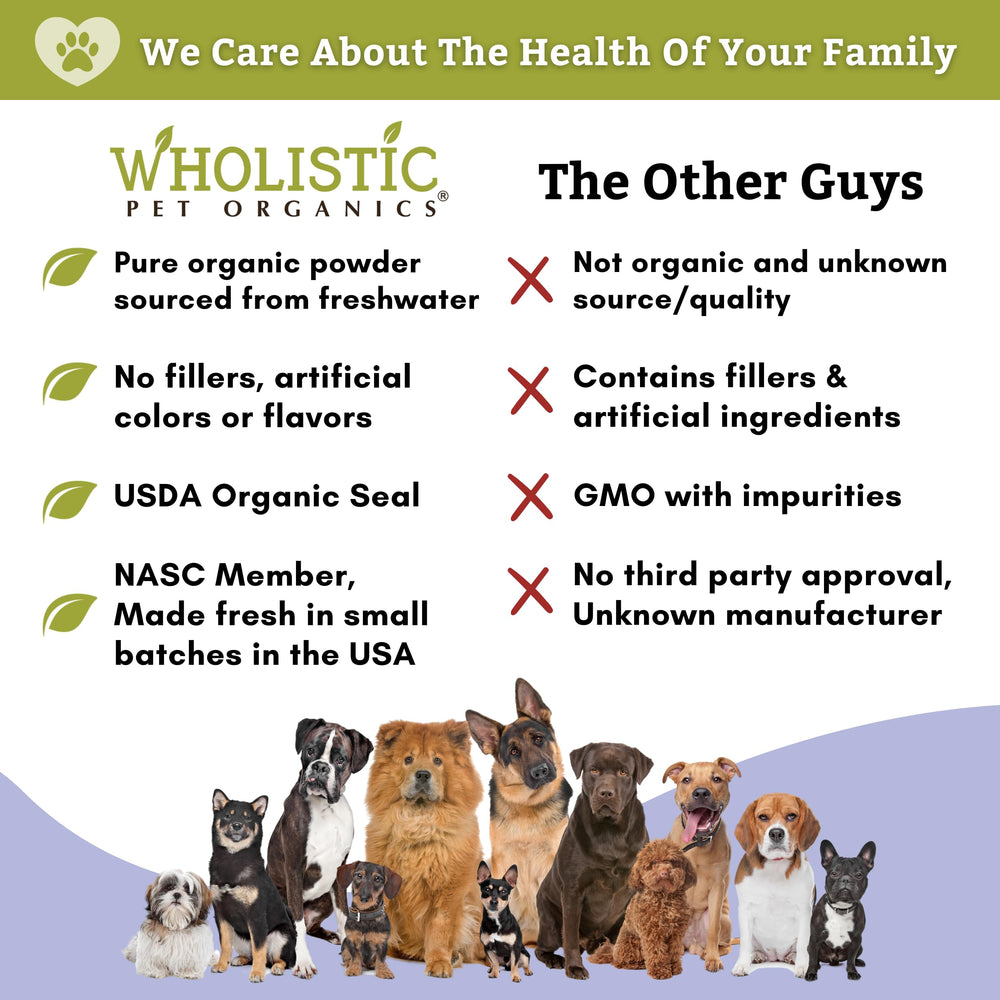 Mezcla diaria de espirulina para perros, fácil de usar.