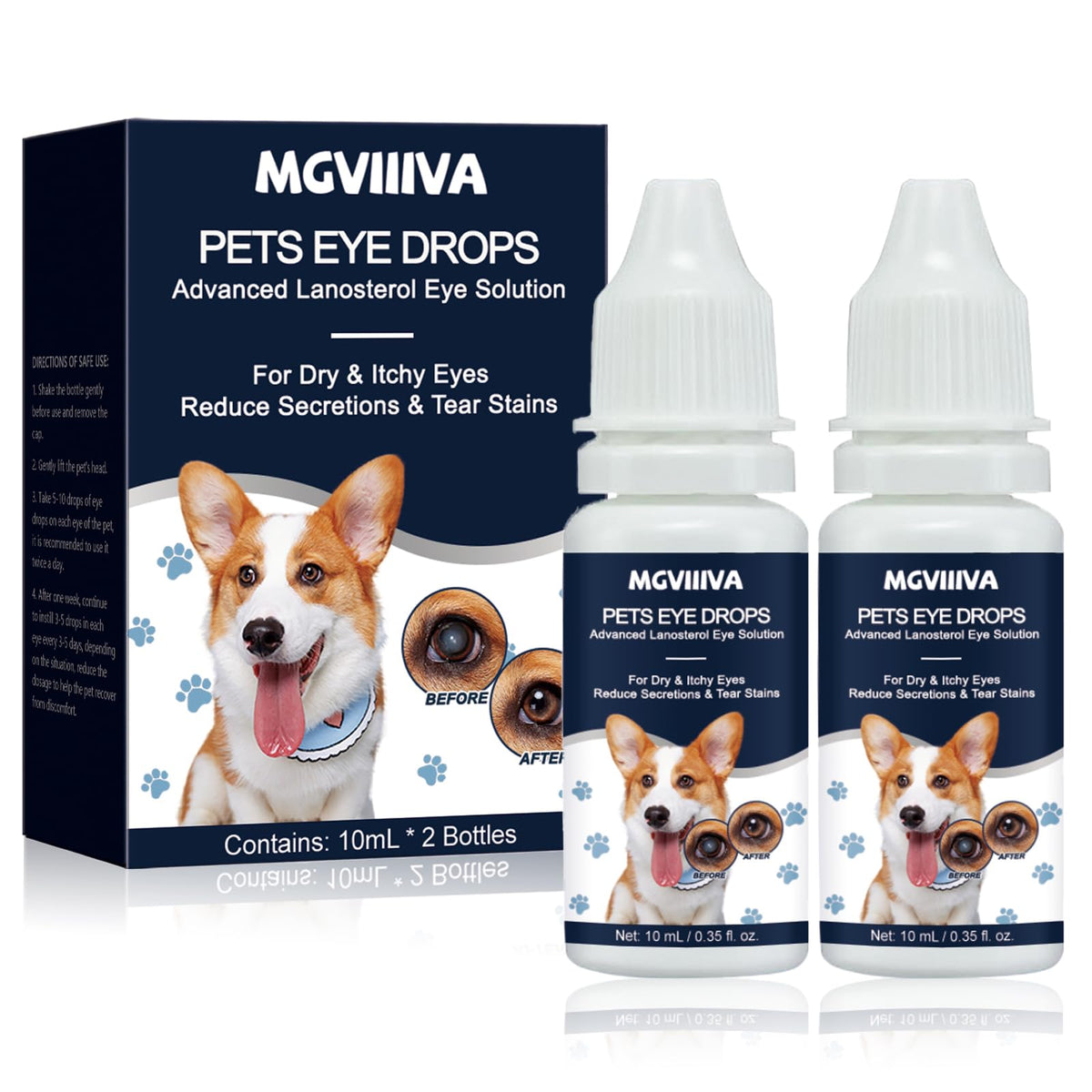 Gotas Mgviiiva para perros en botella, cuidado ocular suave para comodidad diaria.