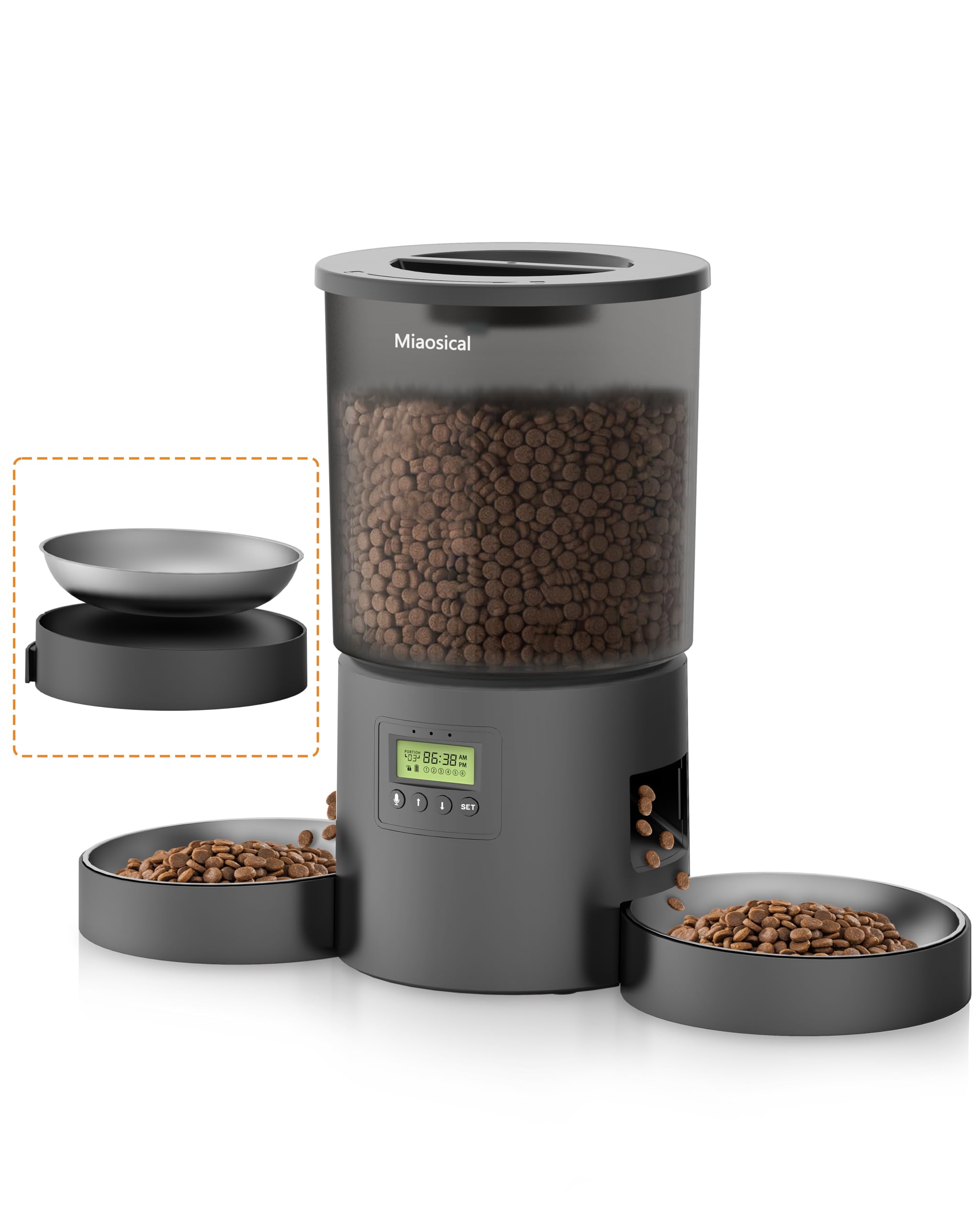 Miaosical alimentador automático para dos gatos, vista frontal – facilita comidas simultáneas.