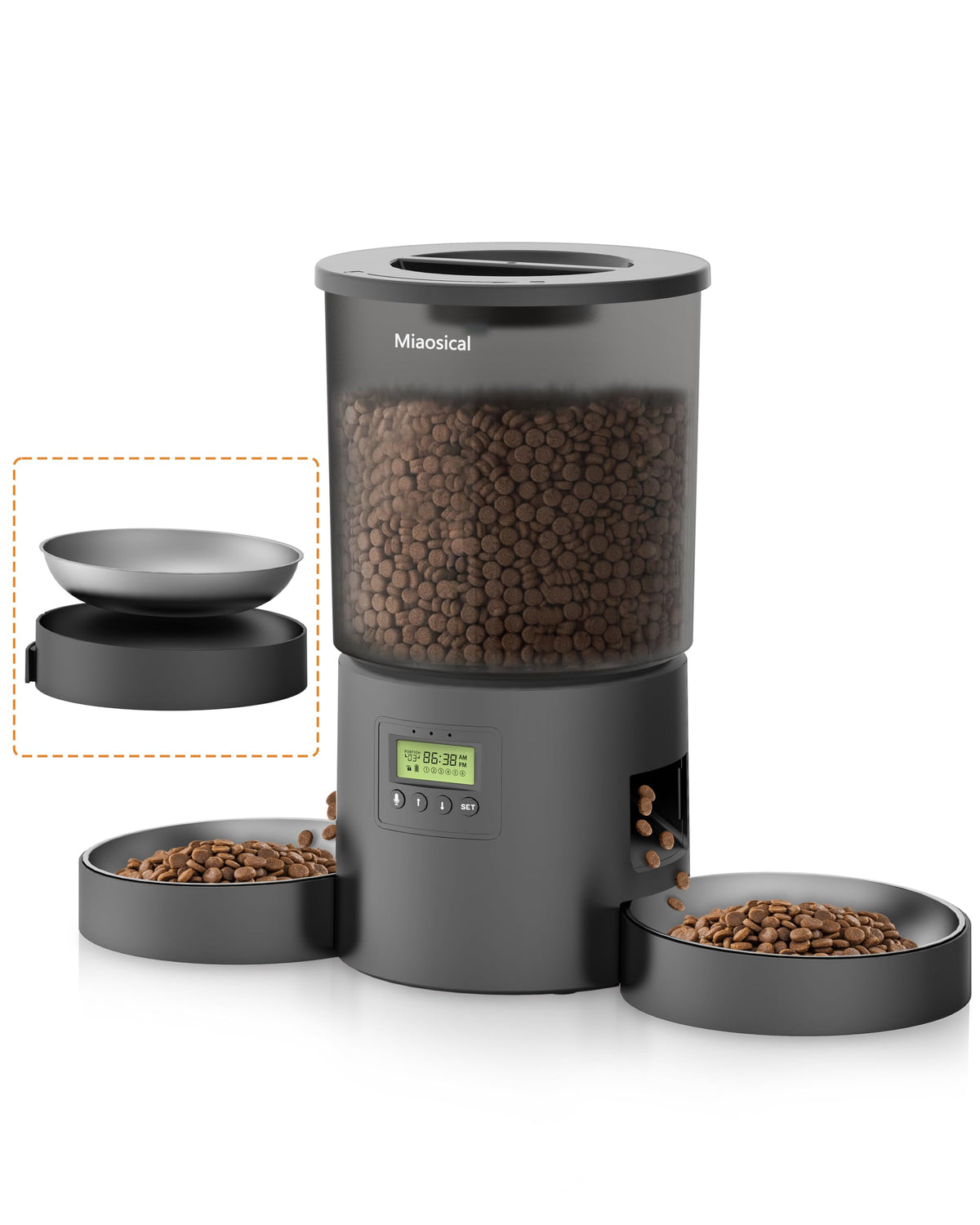Miaosical alimentador automático para dos gatos, vista frontal – facilita comidas simultáneas.
