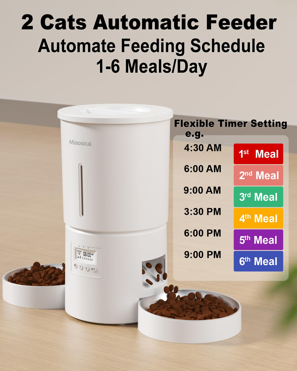 Miaosical sistema de programación flexible para alimentar dos gatos con hasta 6 comidas diarias.