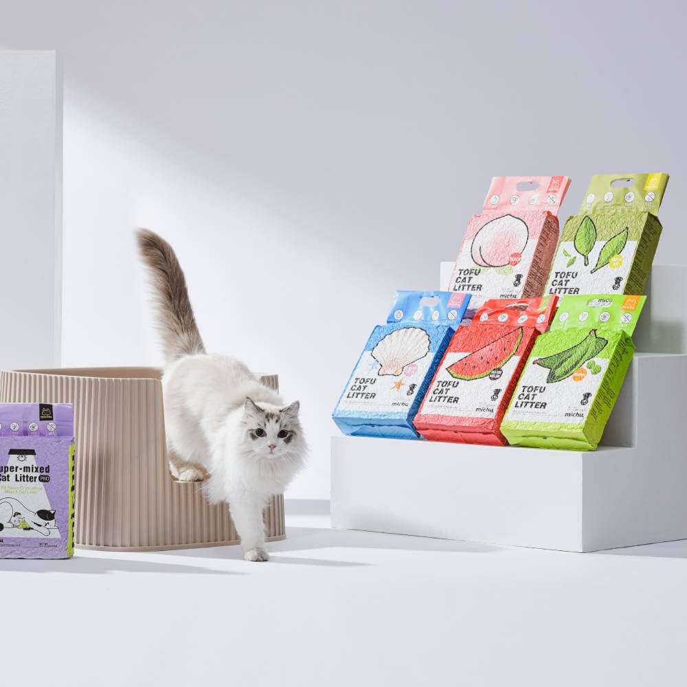 Michu, arena de tofu para gatos con aglomeración rápida, facilita la limpieza diaria.