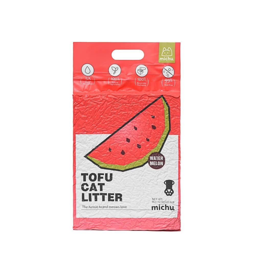 Michu arena de tofu para gatos, envase tres-pack para reposición diaria.
