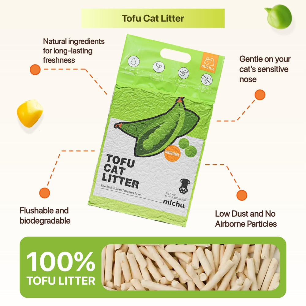 Michu Tofu Gato natural biodegradable, opción ecológica para mascotas.