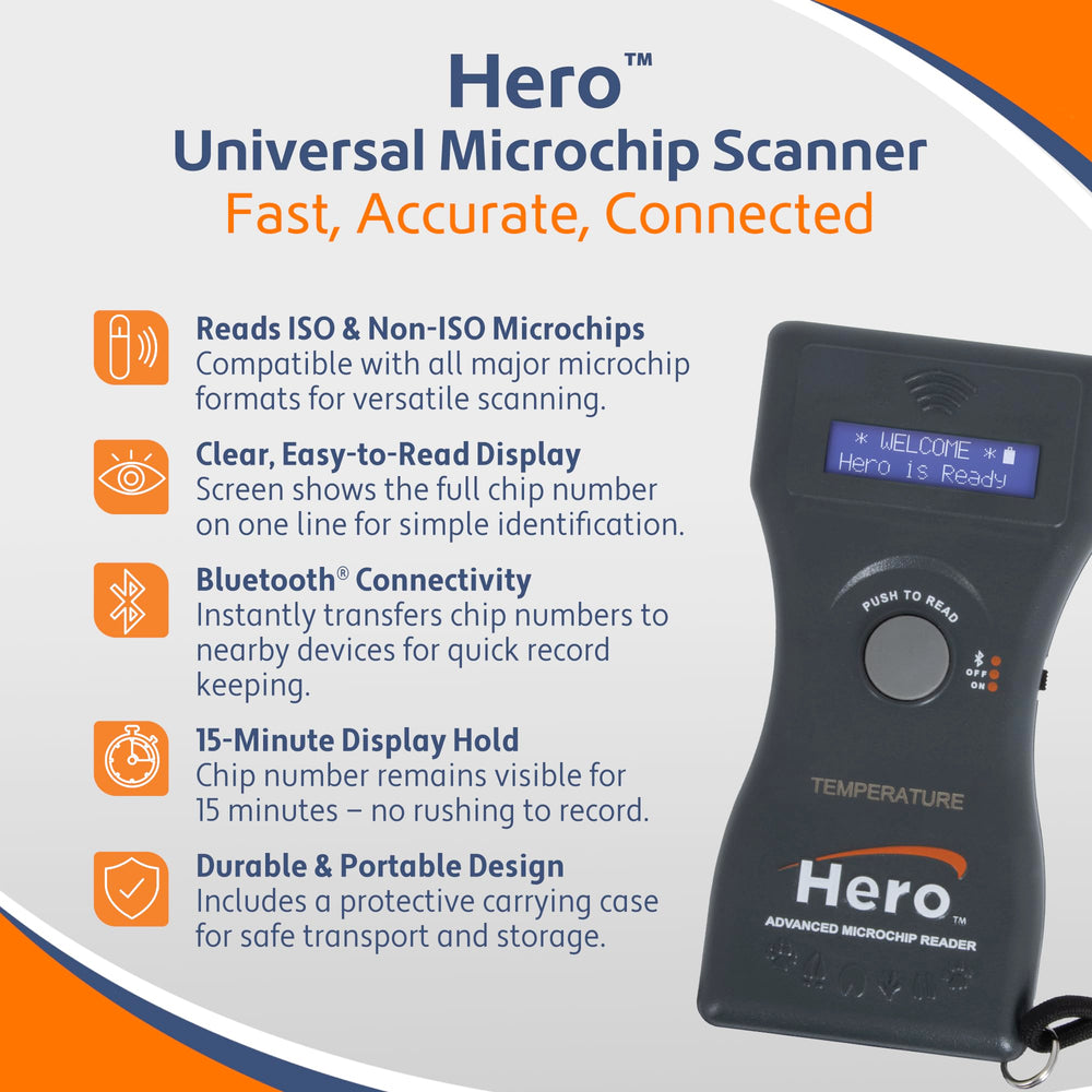 Hero Universal Microchip Scanner con conectividad Bluetooth para transferir datos al instante