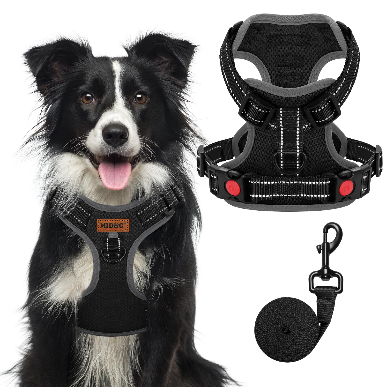 ARNÉS MIDOG con clip frontal y cintas reflectantes para paseos seguros