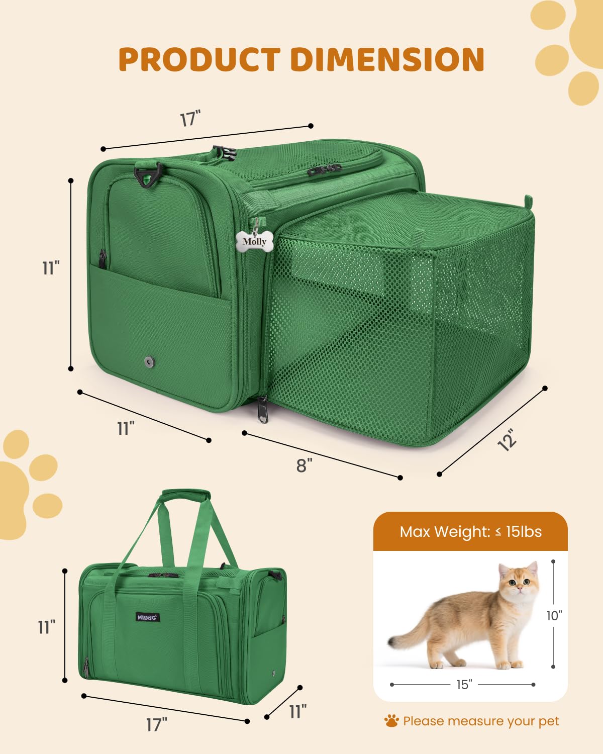 MIDOG transportín blando oliva, ideal para visitas al veterinario