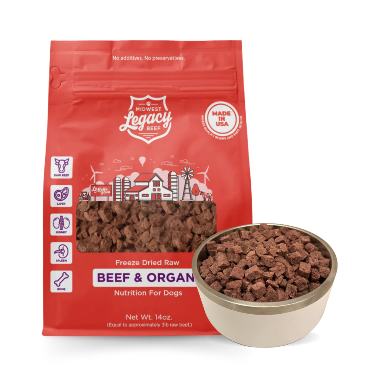 Midwest Legacy Beef, alimento liofilizado para perros, frente de la bolsa, nutrición lista para servir.
