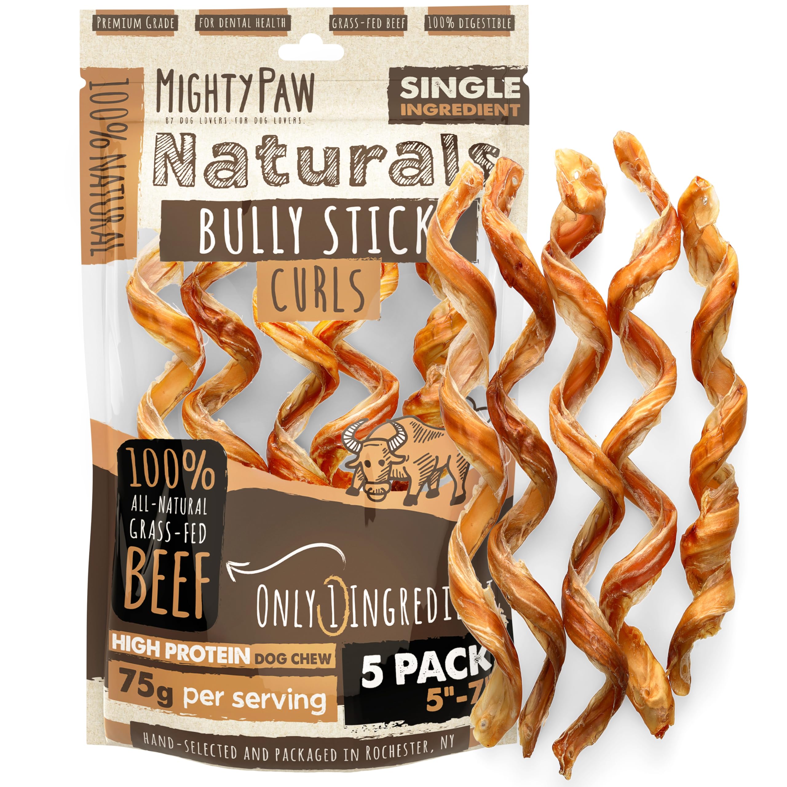 Mighty Paw Naturals Curly Bully Sticks, 5 unidades de 6 pulgadas para perros