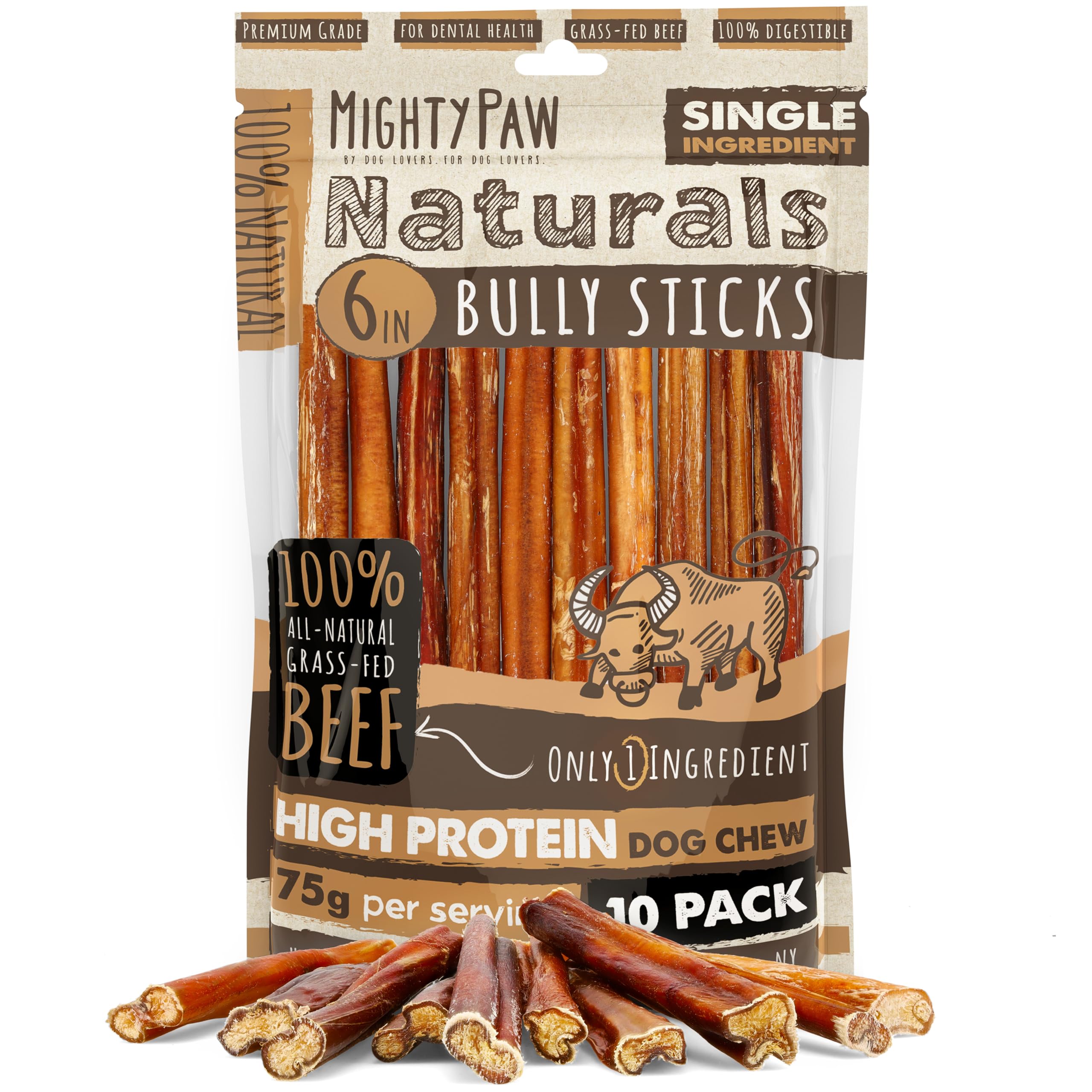 Mighty Paw Naturals, palitos bully de res, masticación segura para perros.
