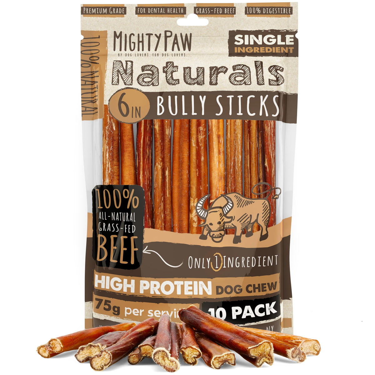 Mighty Paw Naturals, palitos bully de res, masticación segura para perros.