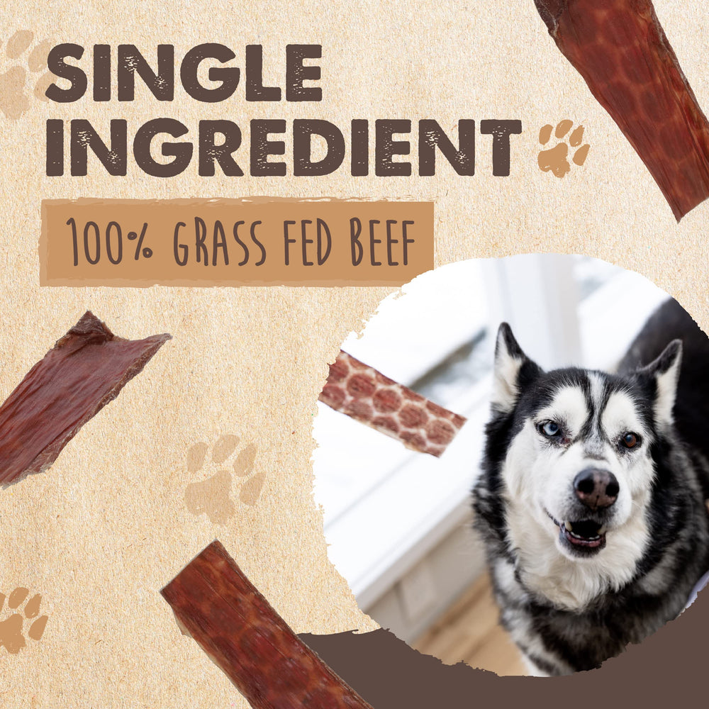 Mighty Paw Naturals tiras de res curadas, snack proteico para perros activos.
