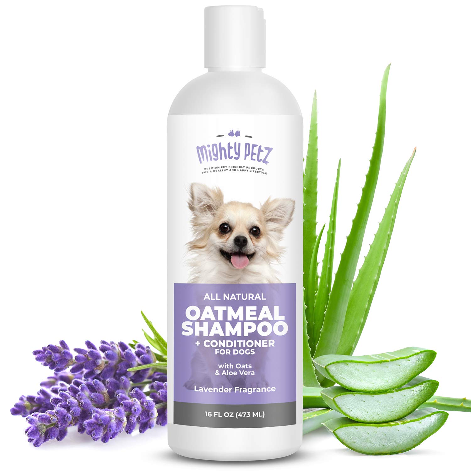 Mighty Petz champú dos en uno para perros, envase práctico para baño rápido.
