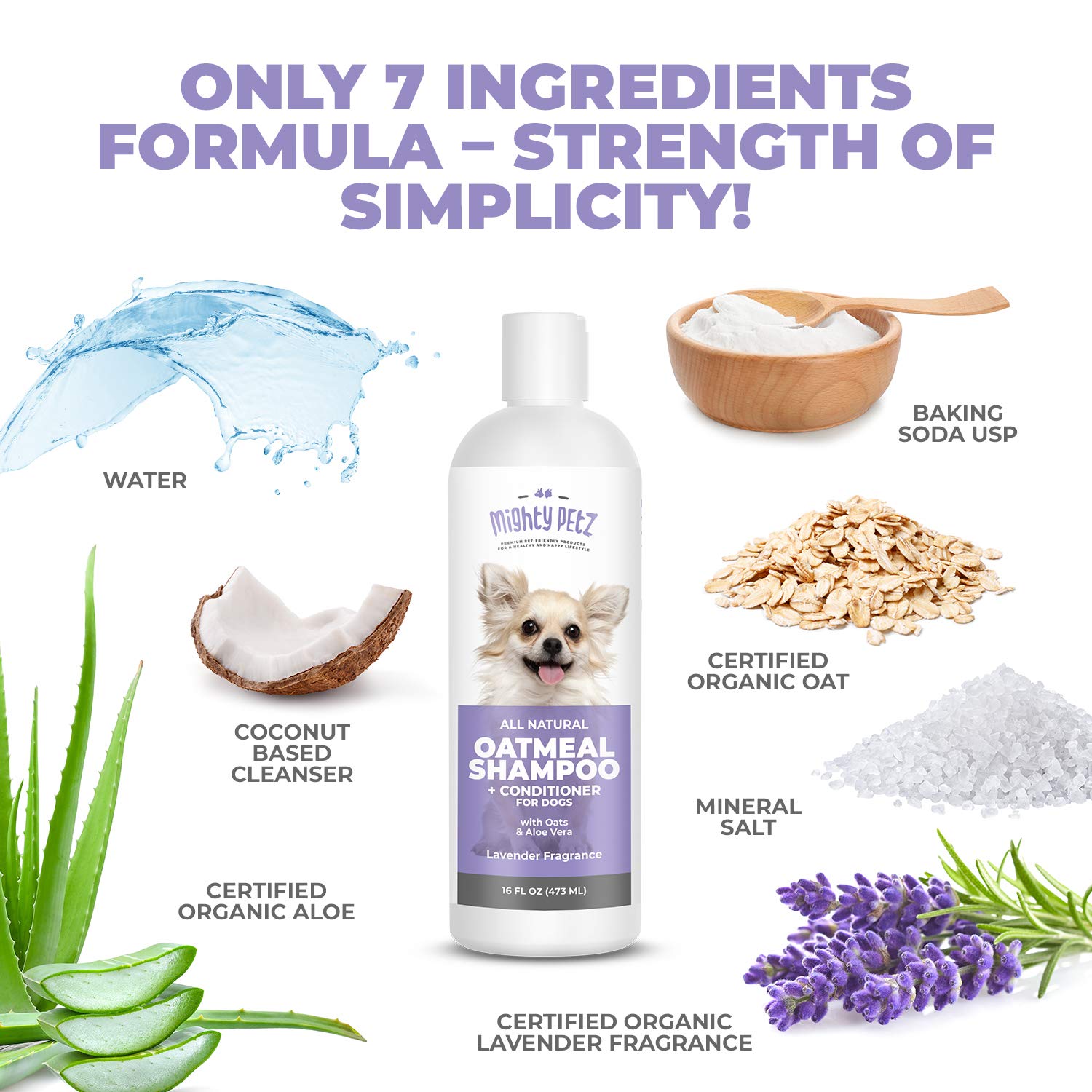 Mighty Petz ingredientes avena y aloe: hidratación suave para piel sensible.
