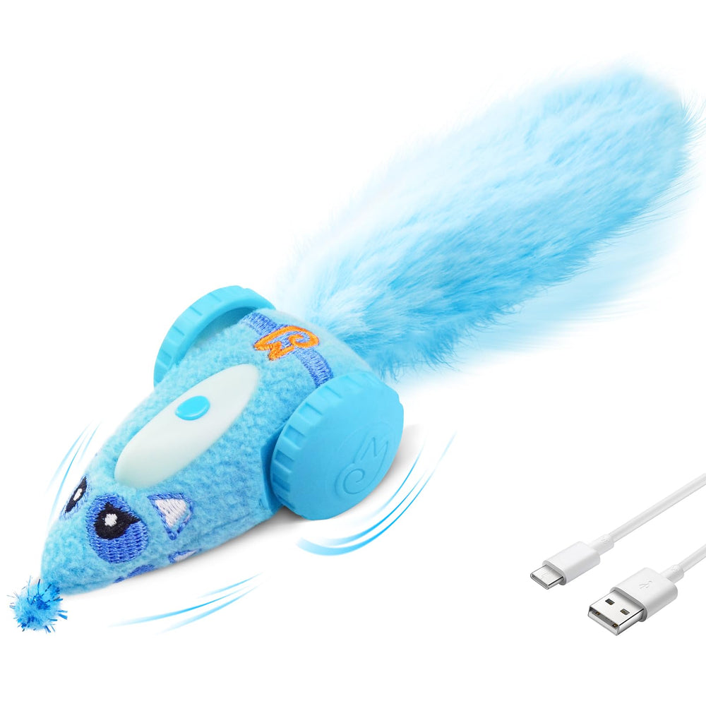 Migipaws Juguete Gato Automatico, frente azul, estimula juego activo y curiosidad.