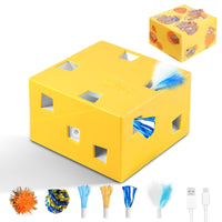Migipaws MigiBox Plus con plumas salientes estimula caza y observación.