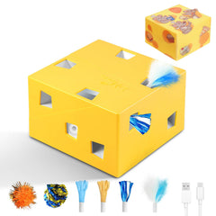 Migipaws MigiBox Plus con plumas salientes estimula caza y observación.