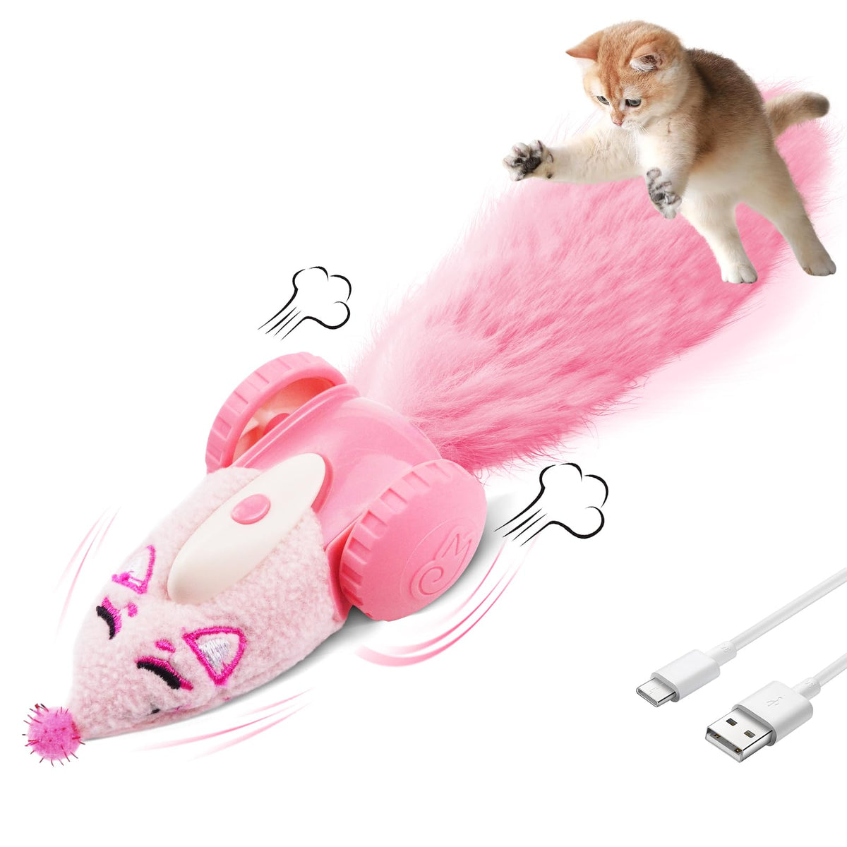Migipaws ratón-peluche-interactivo en rosa moviéndose para juego y caza interior