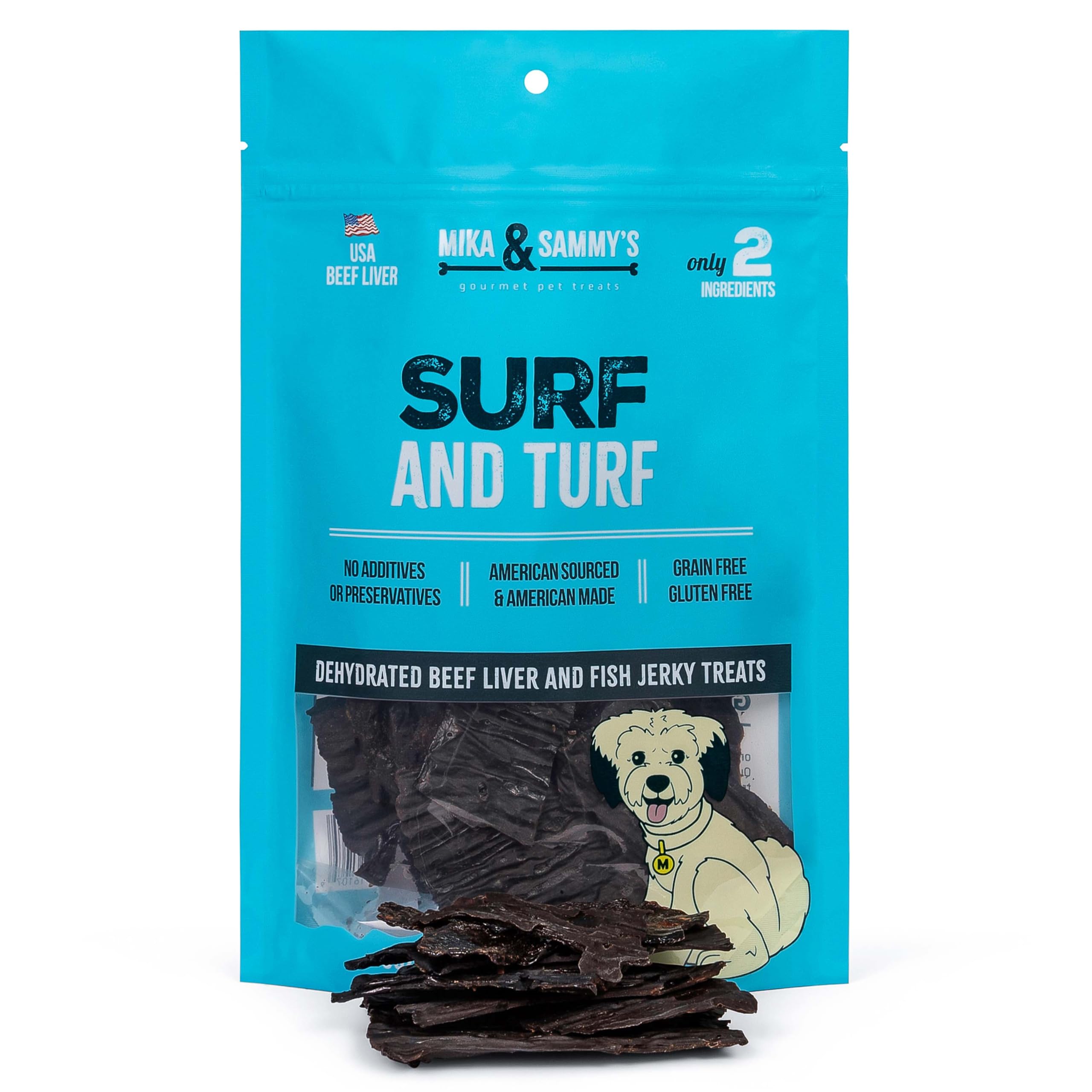 Mika & Sammy's Gourmet, jerky de hígado de res, recompensa sabrosa para perros durante el entrenamiento.