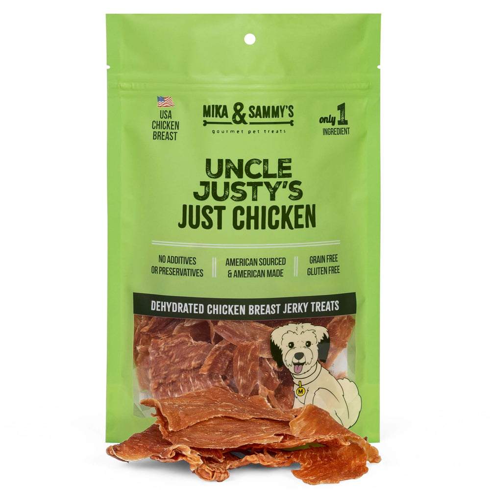Golosina Mika y Sammy's Jerky de pollo deshidratado, ideal como premio en entrenamiento.