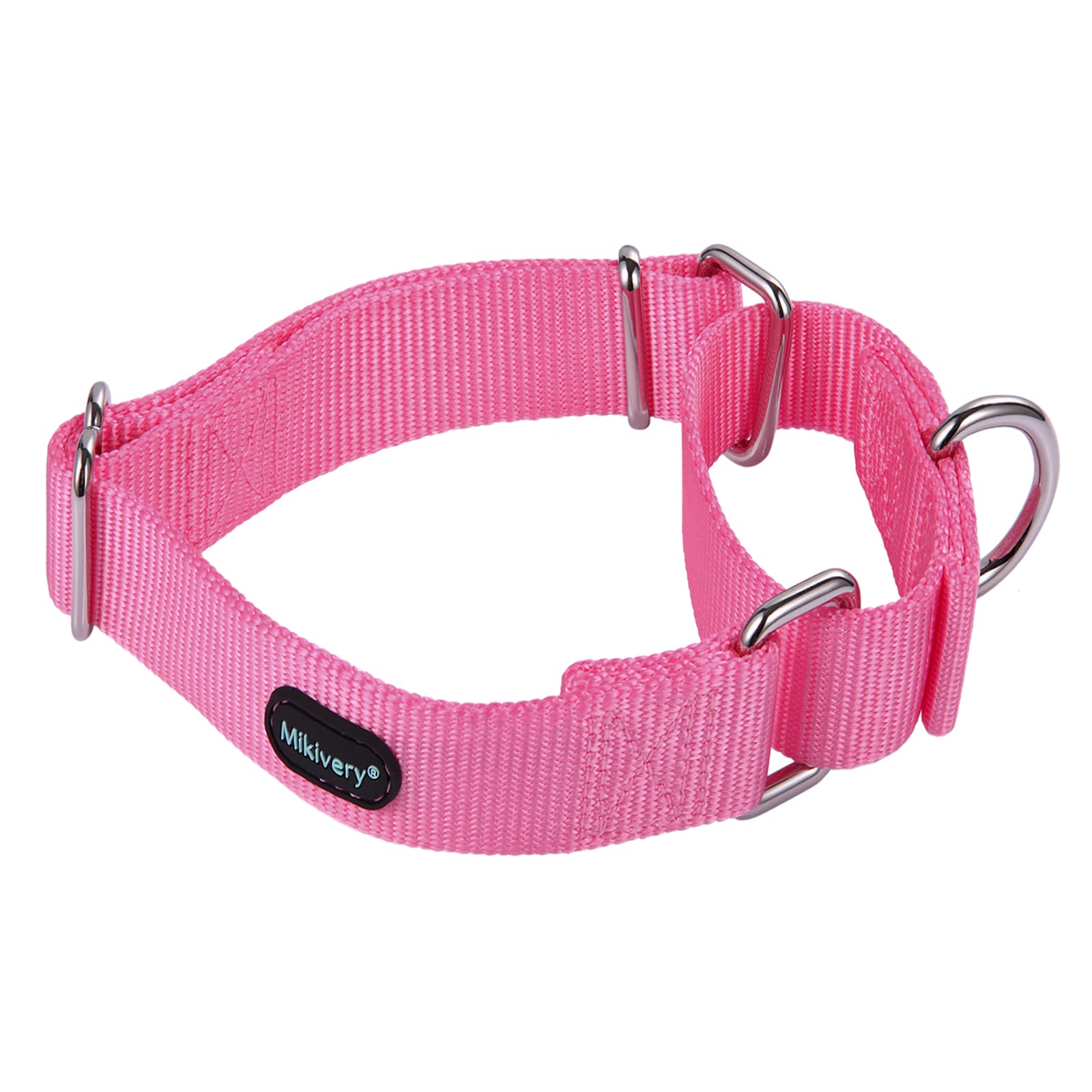 Collar martingala Mikivery en nylon ajustable, color rosa bebé, ideal para paseos diarios.