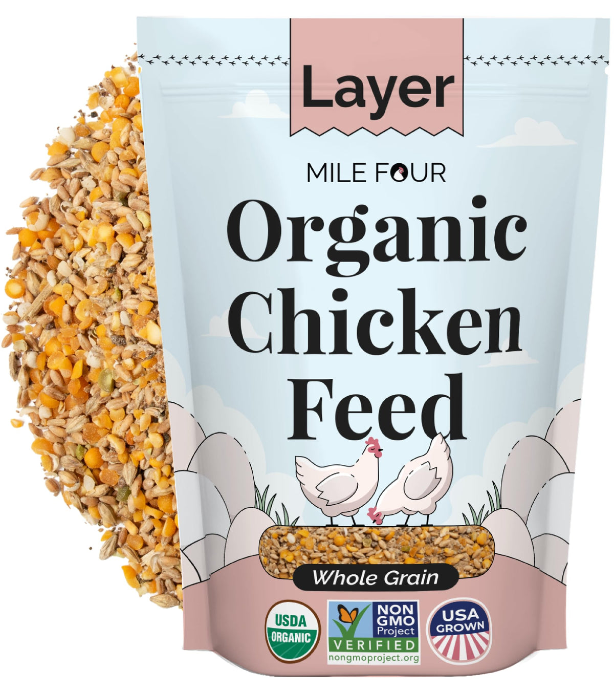 Mile Four alimento orgánico para gallinas con grano entero, mejora yemas brillantes