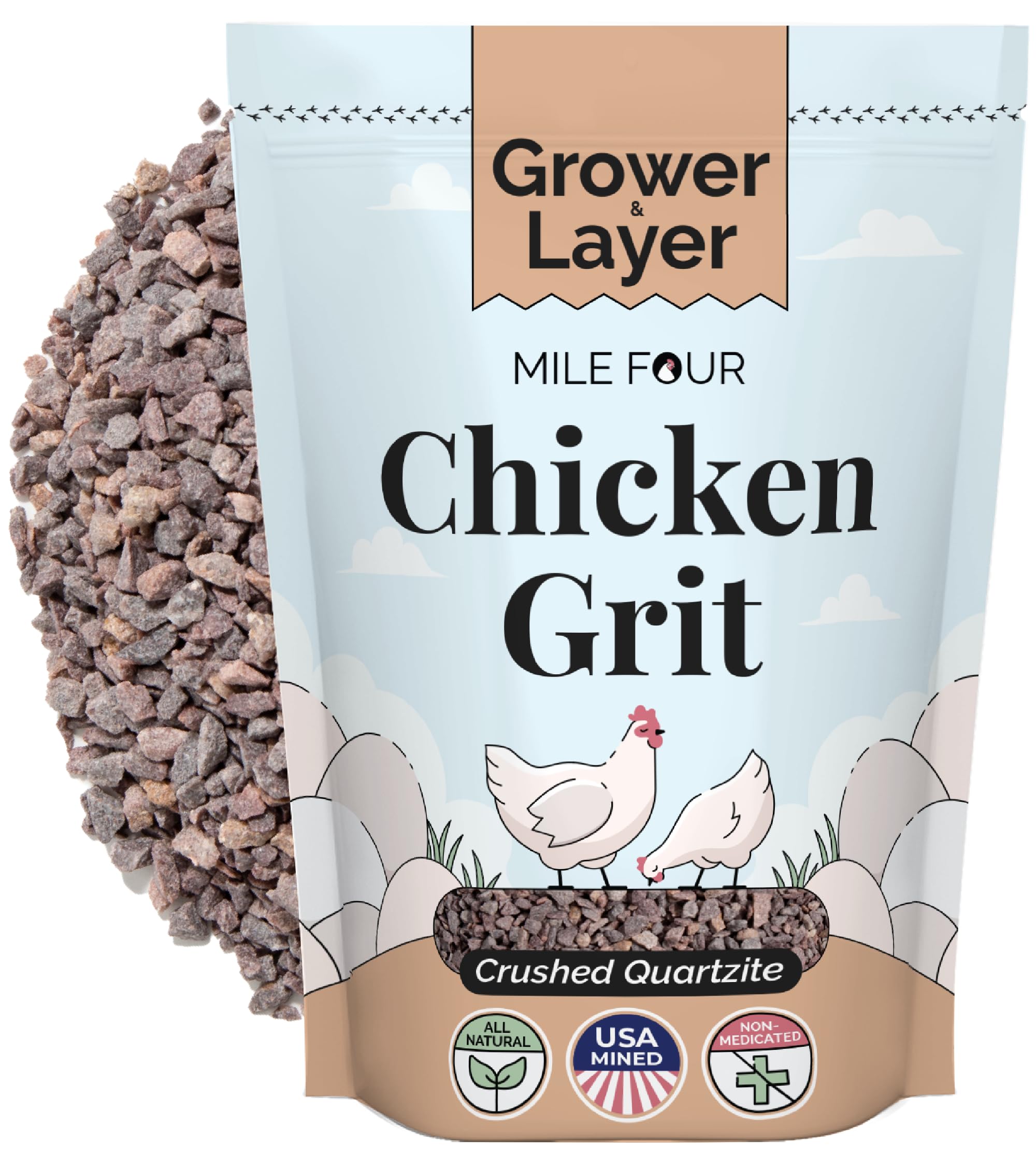 Mile Four grit para pollos, envase visible, facilita la digestión del alimento.
