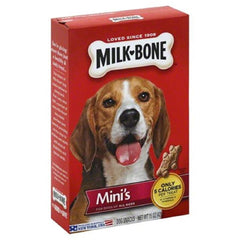 Milk-Bone Mini Original frente de la caja, dos pack, ideales para premiar en casa