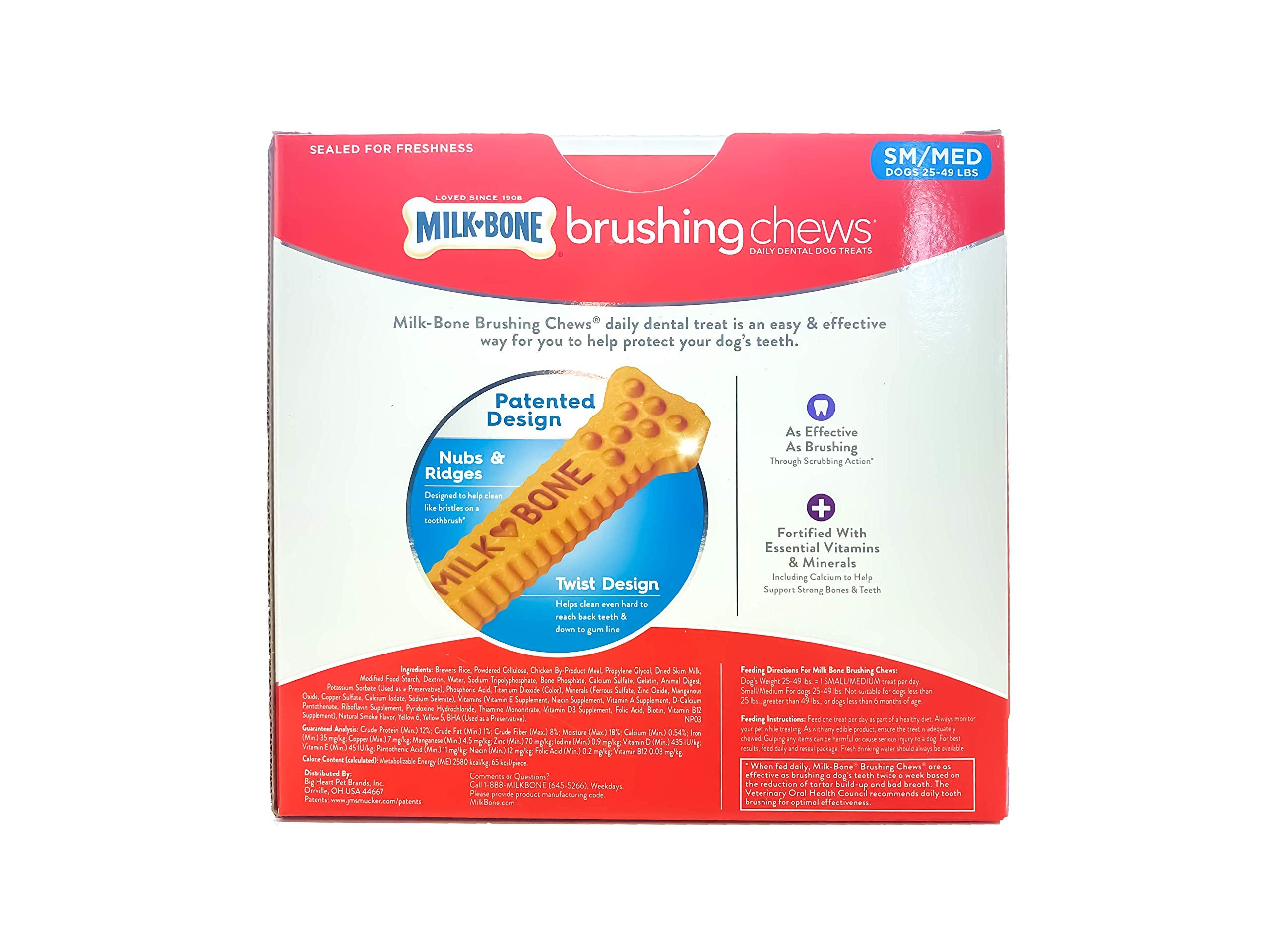 Milk-Bone Brushing Chews, diseño de giro dental con protuberancias para limpieza similar a cepillo.