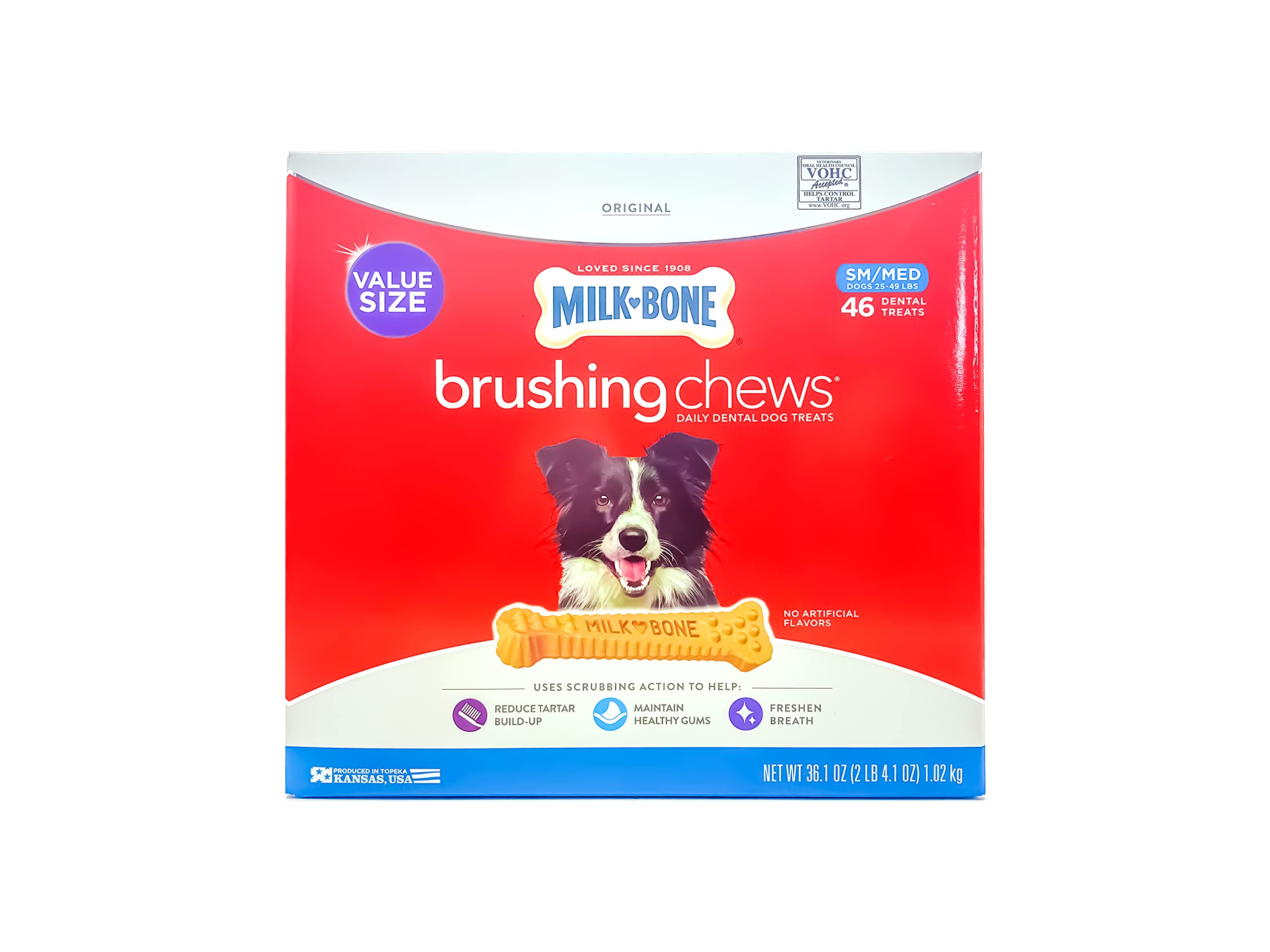 Milk-Bone Brushing Chews, empaque visible, apoya la limpieza diaria de dientes.