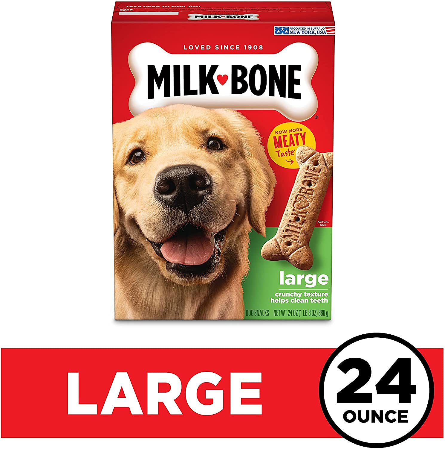 Milk-Bone textura crujiente para perros grandes, ideal como merienda.