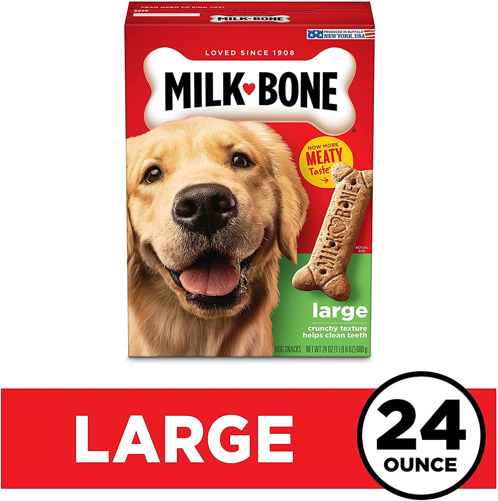 Milk-Bone textura crujiente para perros grandes, ideal como merienda.