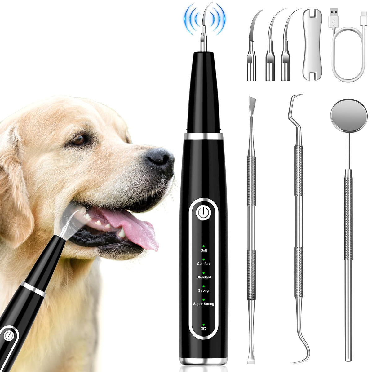 Limpieza dental MIONJO en uso con LED para ver sarro con claridad.