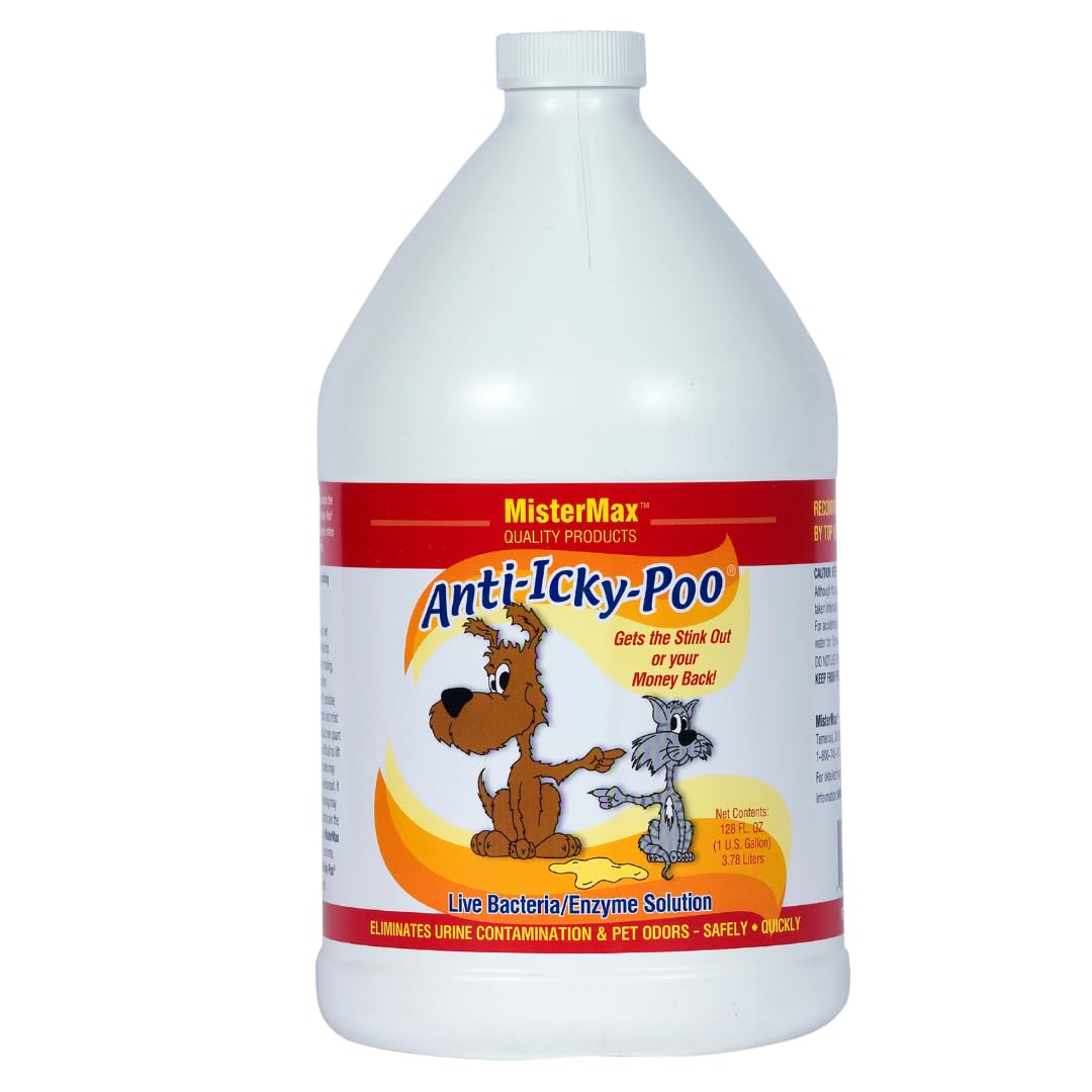 Mister Max Anti Icky Poo, botella rociadora original, elimina olores de mascotas con aplicación fácil.