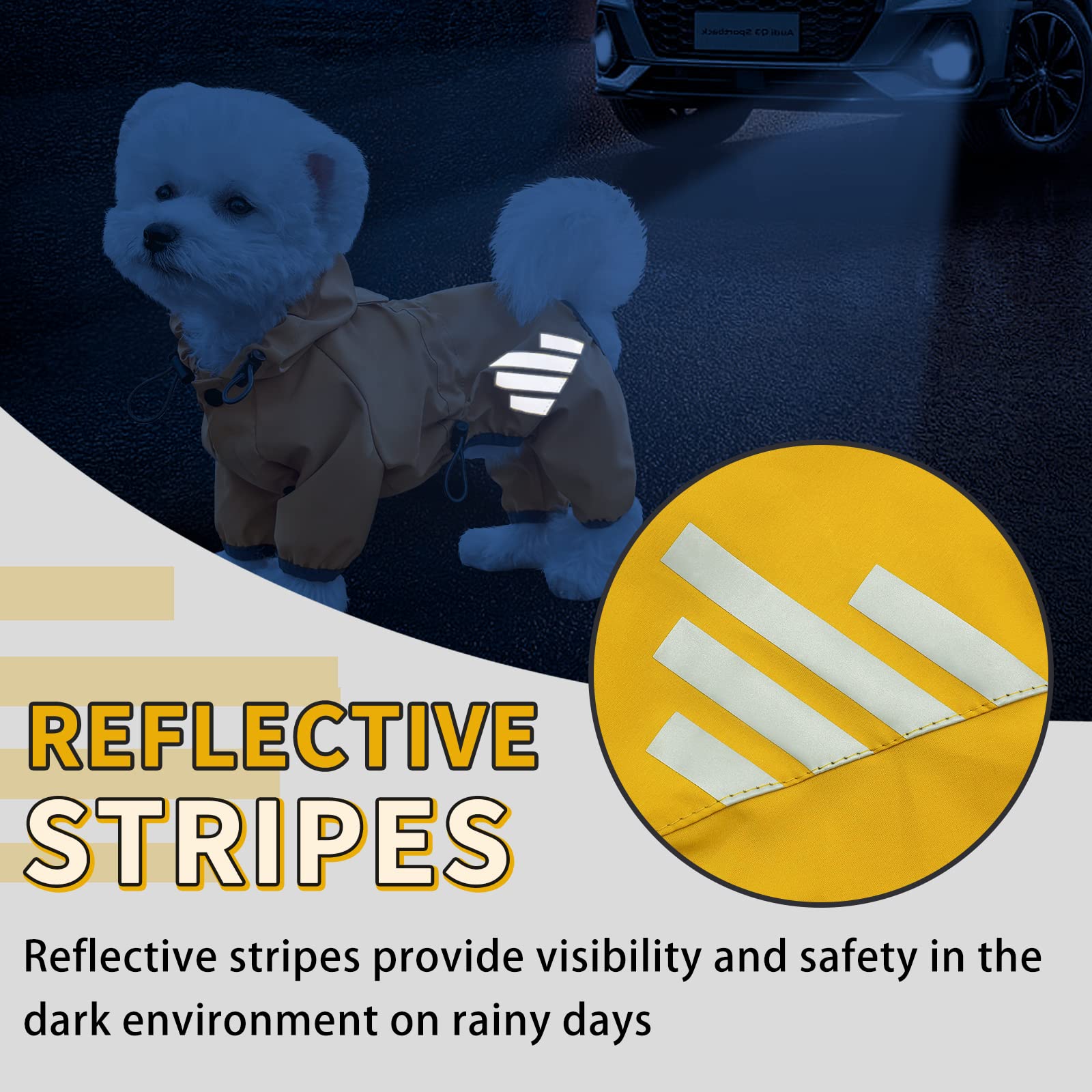 Miucat prenda impermeable con tiras reflectantes para mayor visibilidad nocturna.