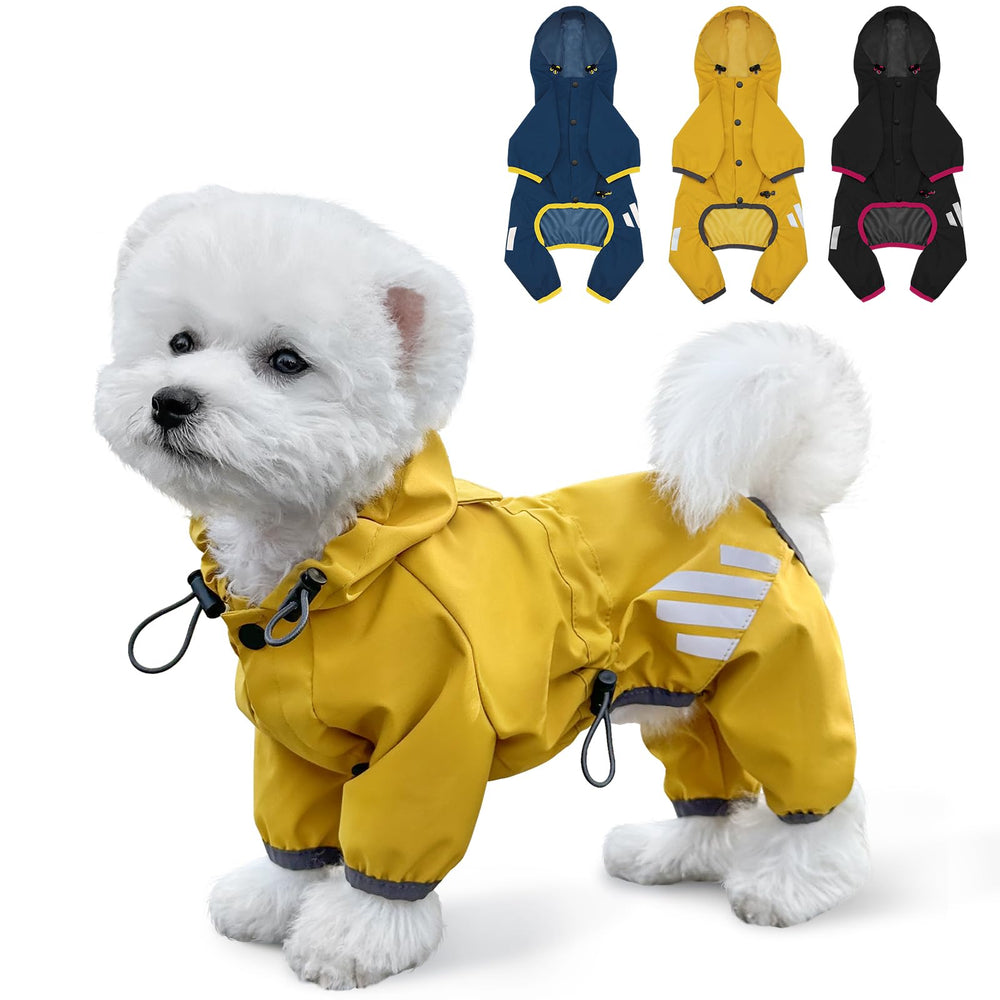 Miucat capa impermeable para perros con capucha amarilla, ideal para días de lluvia.