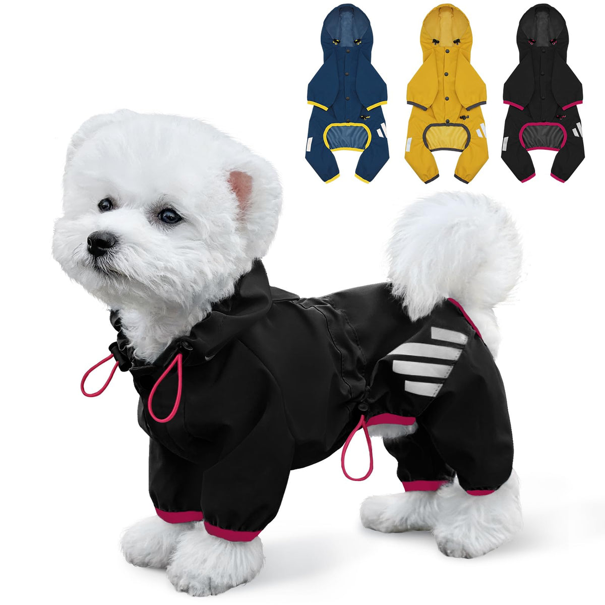 Miucat chaqueta impermeable para perros con capucha, vista frontal, protege de la lluvia.