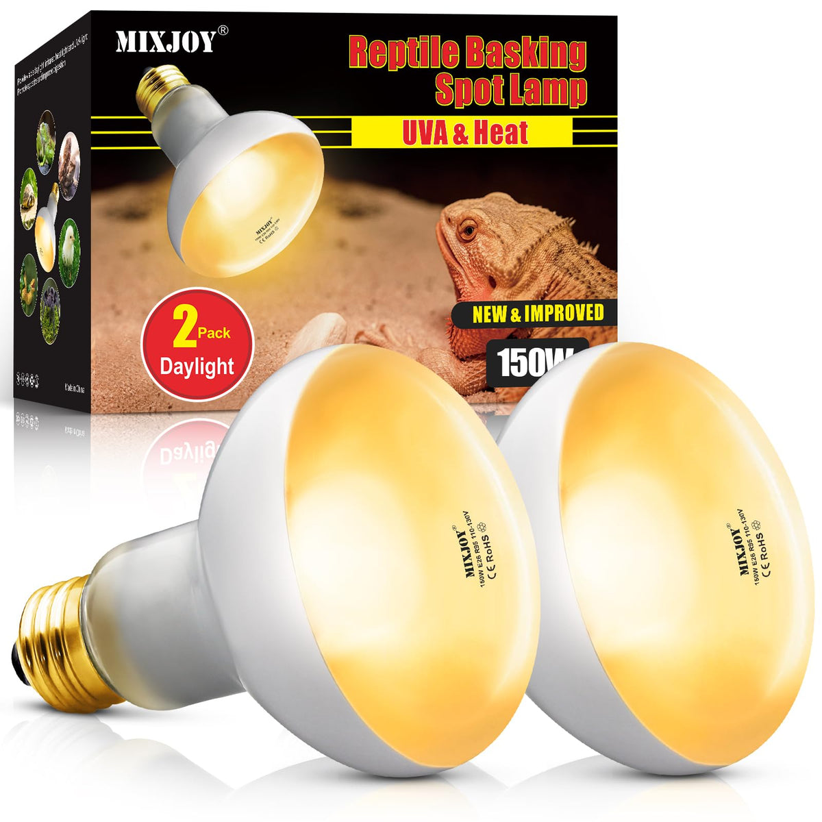 MIXJOY 150W lámpara para reptiles: luz solar para reptiles saludables y ambiente cómodo.