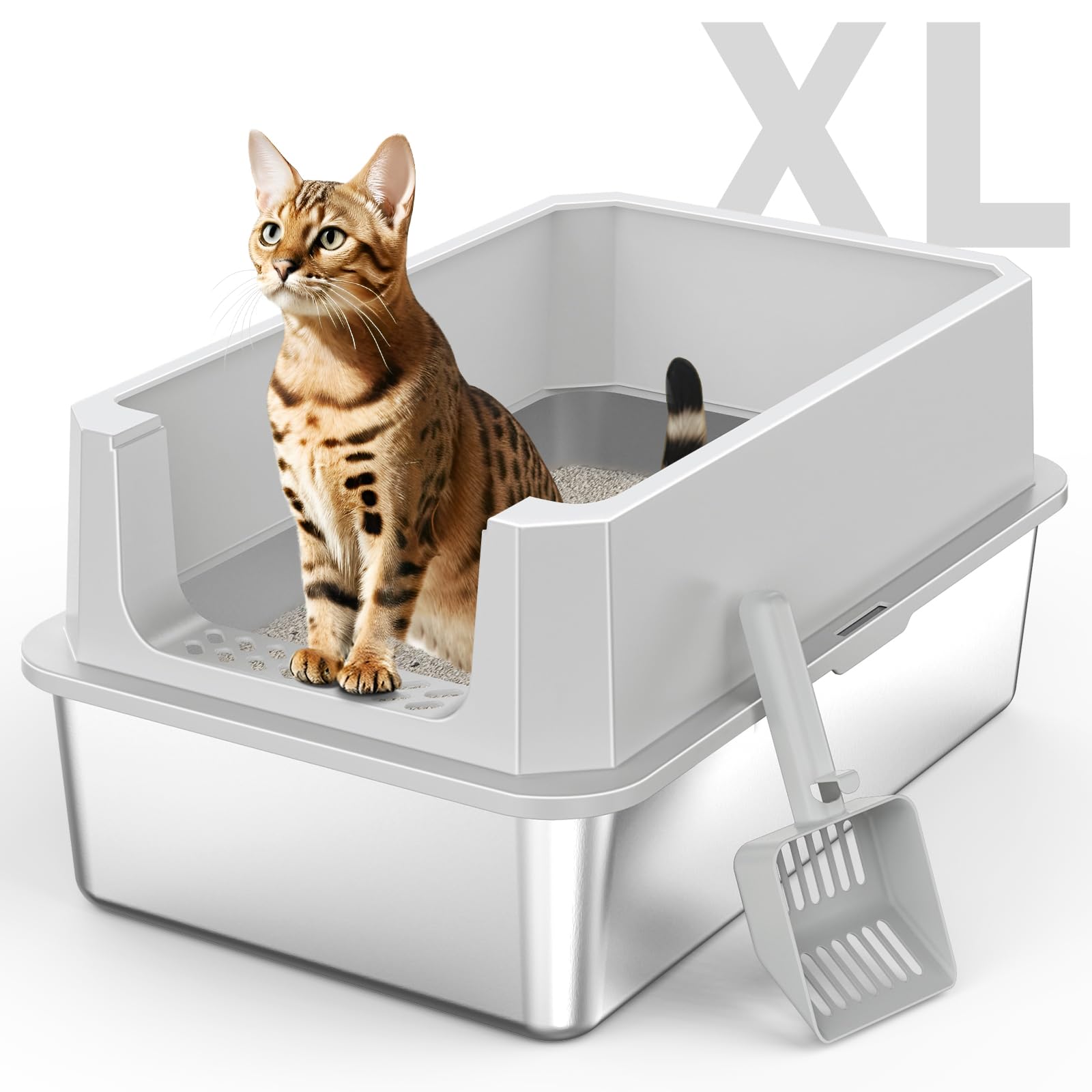 MIXJOY caja arenero de acero inoxidable extragrande, ideal para gatos grandes.